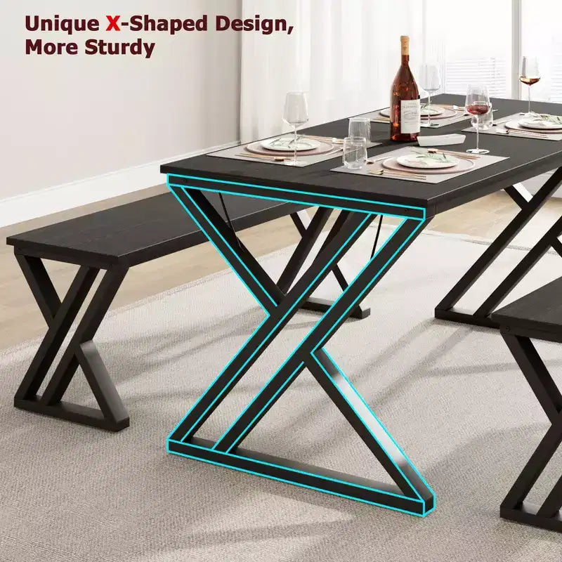 Dining Table Set for 4, Kitchen Table with Sturdy Metal Frame, Rectangular Dining Room Table Set with 2 Benches, Saving Space for Kitchen, Dining Room
