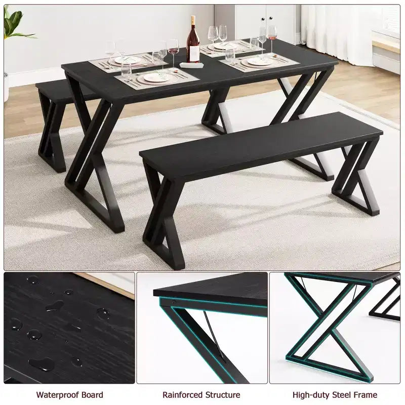 Dining Table Set for 4, Kitchen Table with Sturdy Metal Frame, Rectangular Dining Room Table Set with 2 Benches, Saving Space for Kitchen, Dining Room
