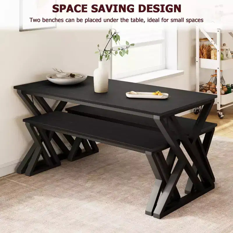 Dining Table Set for 4, Kitchen Table with Sturdy Metal Frame, Rectangular Dining Room Table Set with 2 Benches, Saving Space for Kitchen, Dining Room