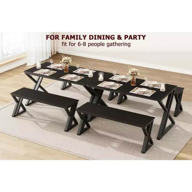 Dining Table Set for 4, Kitchen Table with Sturdy Metal Frame, Rectangular Dining Room Table Set with 2 Benches, Saving Space for Kitchen, Dining Room