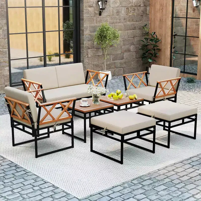 Costway 7 PCS Outdoor Conversation Set Acacia Wood Chairs & Coffee Tables Set with Ottomans
