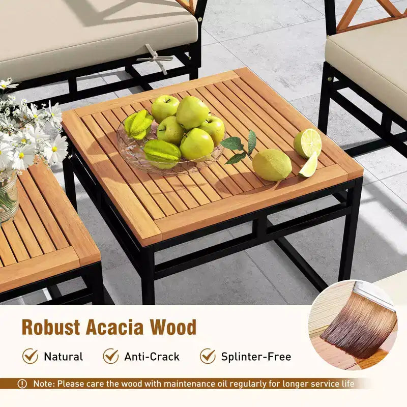 Costway 7 PCS Outdoor Conversation Set Acacia Wood Chairs & Coffee Tables Set with Ottomans
