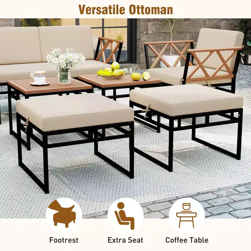 Costway 7 PCS Outdoor Conversation Set Acacia Wood Chairs & Coffee Tables Set with Ottomans