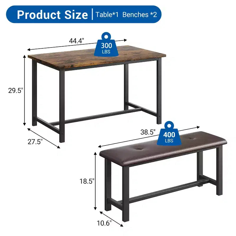 Dining Table Set for 4, Kitchen Table with 2 Upholstered Benches, Wood Kitchen Dining Room Set, for Small Space, Apartment, Home, Dinner