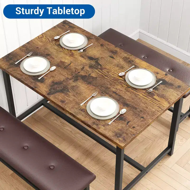 Dining Table Set for 4, Kitchen Table with 2 Upholstered Benches, Wood Kitchen Dining Room Set, for Small Space, Apartment, Home, Dinner