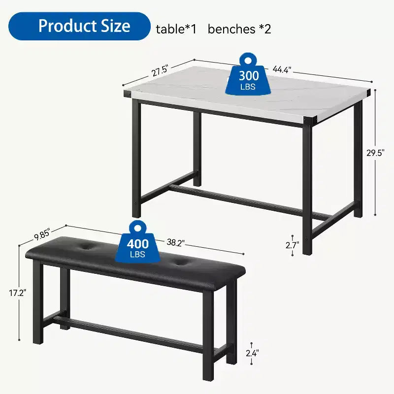 Dining Table Set for 4, Kitchen Table with 2 Upholstered Benches, Wood Kitchen Dining Room Set, for Small Space, Apartment, Home, Dinner