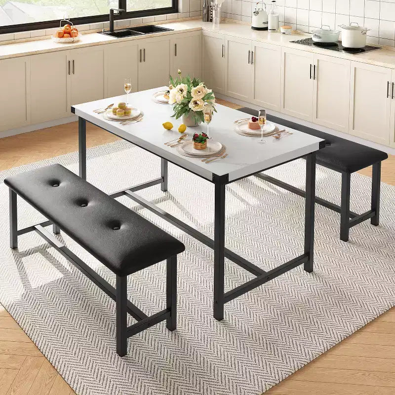 Dining Table Set for 4, Kitchen Table with 2 Upholstered Benches, Wood Kitchen Dining Room Set, for Small Space, Apartment, Home, Dinner