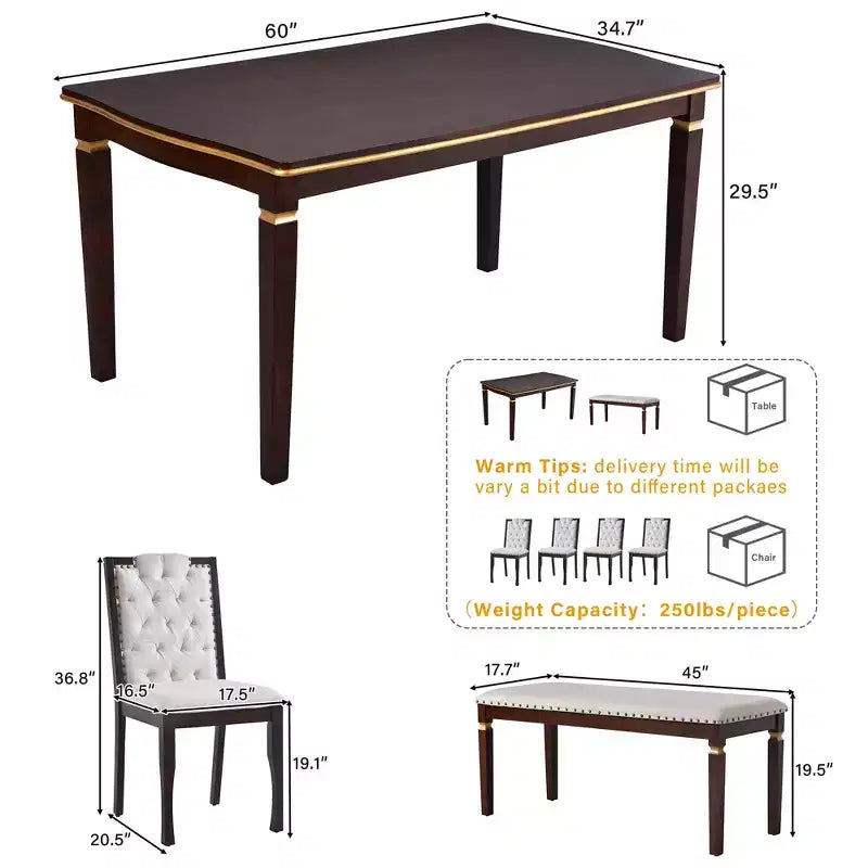 Retro 6 Pieces Kitchen Dining Table Set, Wood Rectangular Table and 4 High-Back Tufted Chairs & 1 Bench