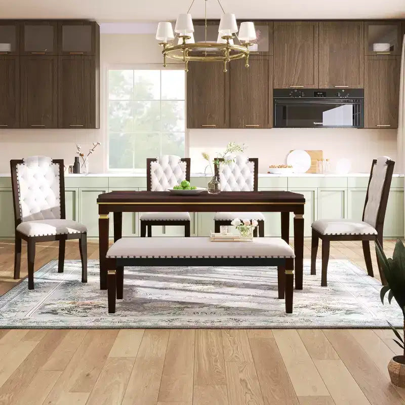 Retro 6 Pieces Kitchen Dining Table Set, Wood Rectangular Table and 4 High-Back Tufted Chairs & 1 Bench