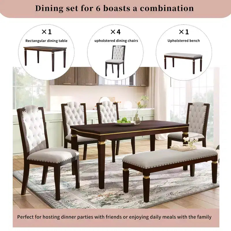 Retro 6 Pieces Kitchen Dining Table Set, Wood Rectangular Table and 4 High-Back Tufted Chairs & 1 Bench