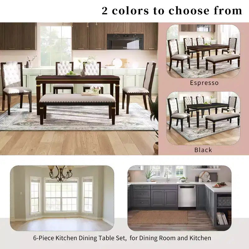 Retro 6 Pieces Kitchen Dining Table Set, Wood Rectangular Table and 4 High-Back Tufted Chairs & 1 Bench