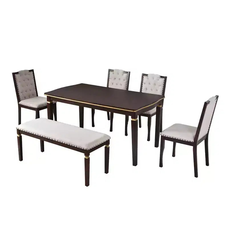 Retro 6 Pieces Kitchen Dining Table Set, Wood Rectangular Table and 4 High-Back Tufted Chairs & 1 Bench