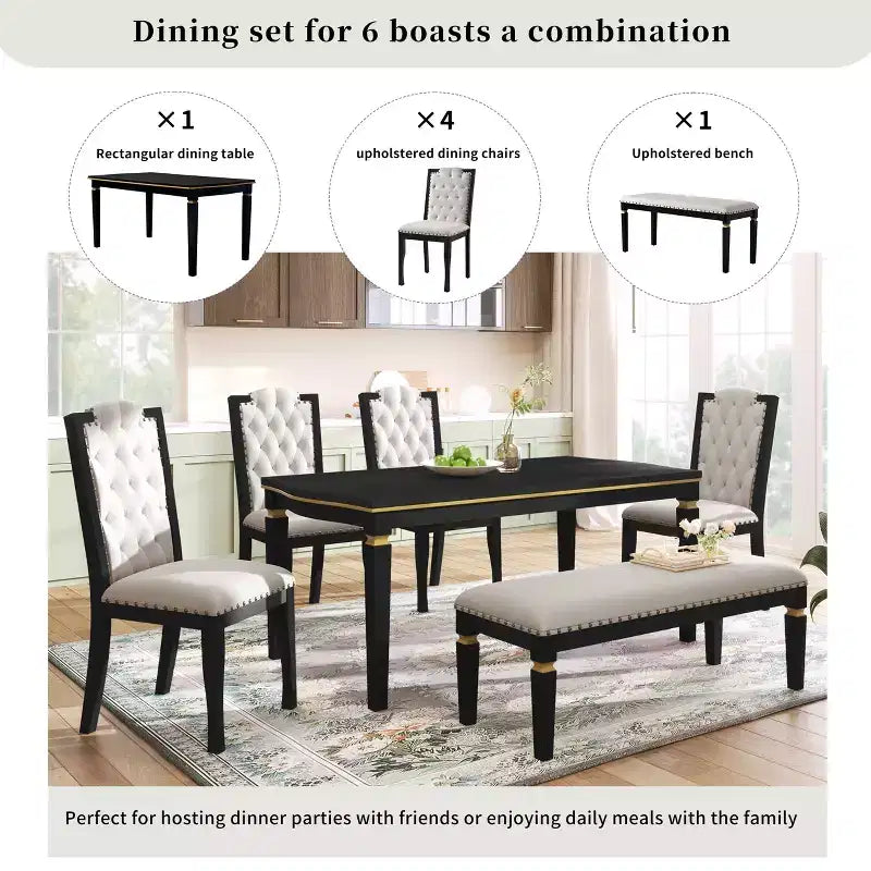 Retro 6 Pieces Kitchen Dining Table Set, Wood Rectangular Table and 4 High-Back Tufted Chairs & 1 Bench