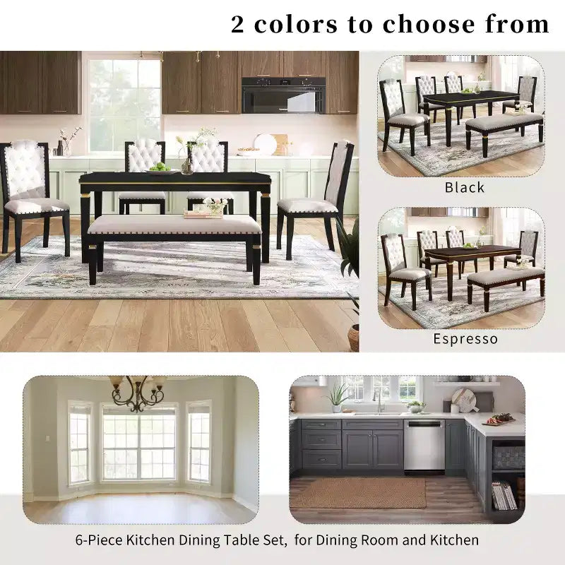 Retro 6 Pieces Kitchen Dining Table Set, Wood Rectangular Table and 4 High-Back Tufted Chairs & 1 Bench