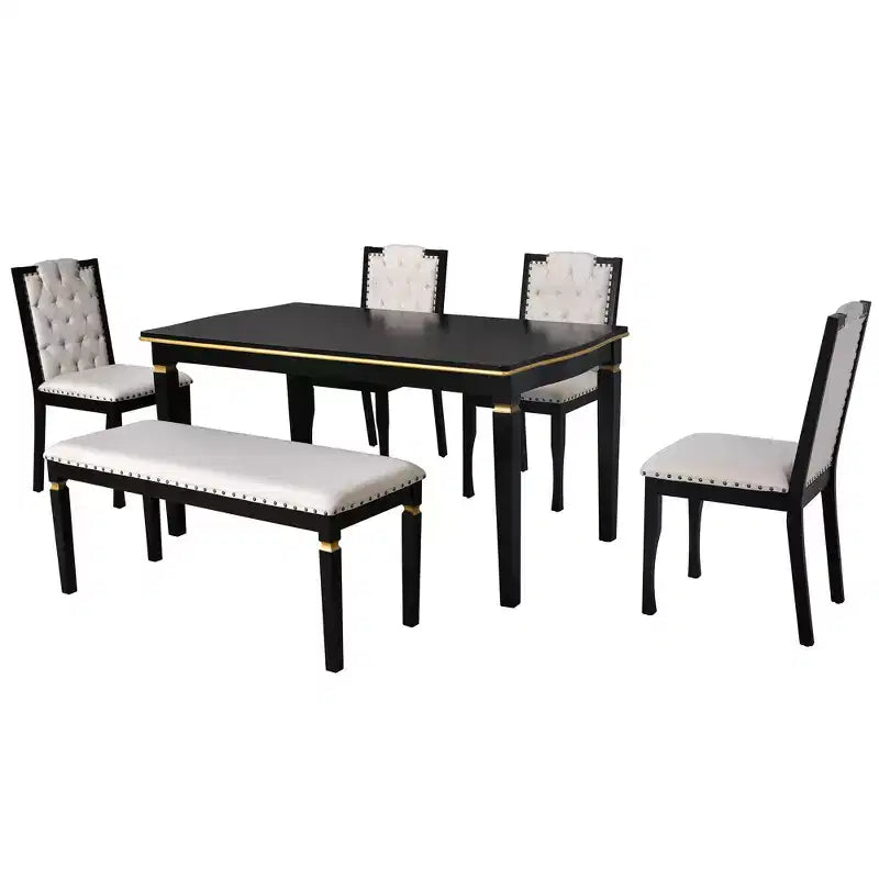 Retro 6 Pieces Kitchen Dining Table Set, Wood Rectangular Table and 4 High-Back Tufted Chairs & 1 Bench