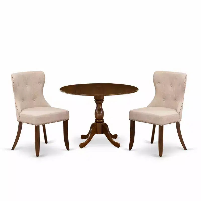 HomeStock Belmont 3 Piece Dining Table Set, 1 Drop Leaves Table and 2 Light Tan Linen Fabric Dinning Chairs - Acacia Walnut Finish