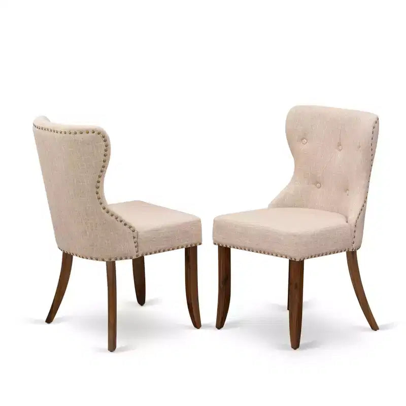 HomeStock Belmont 3 Piece Dining Table Set, 1 Drop Leaves Table and 2 Light Tan Linen Fabric Dinning Chairs - Acacia Walnut Finish