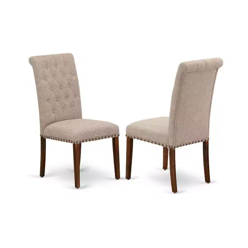HomeStock Belmont 6Pc Dining Set Includes a Rectangle Dining Table, Four Parson Chairs with Light Fawn Fabric and a Bench, Mahogany Finish