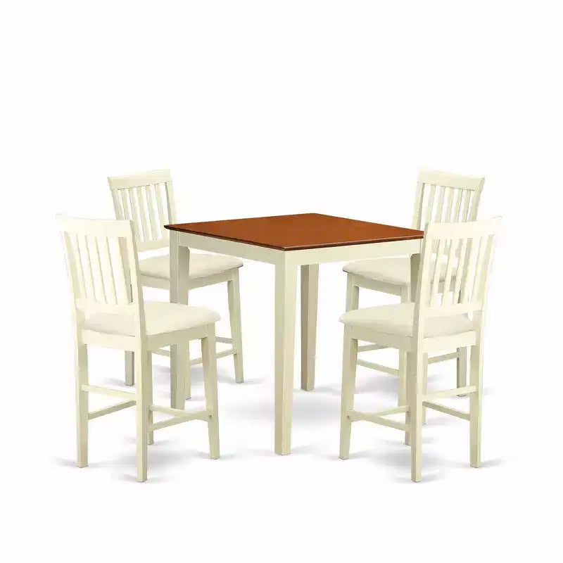 HomeStock Belmont 5 Piece Dining Room Furniture Set Includes a Round Dining Table with Pedestal and 4 Wood Seat Chairs, 42x42 Inch, Linen White
