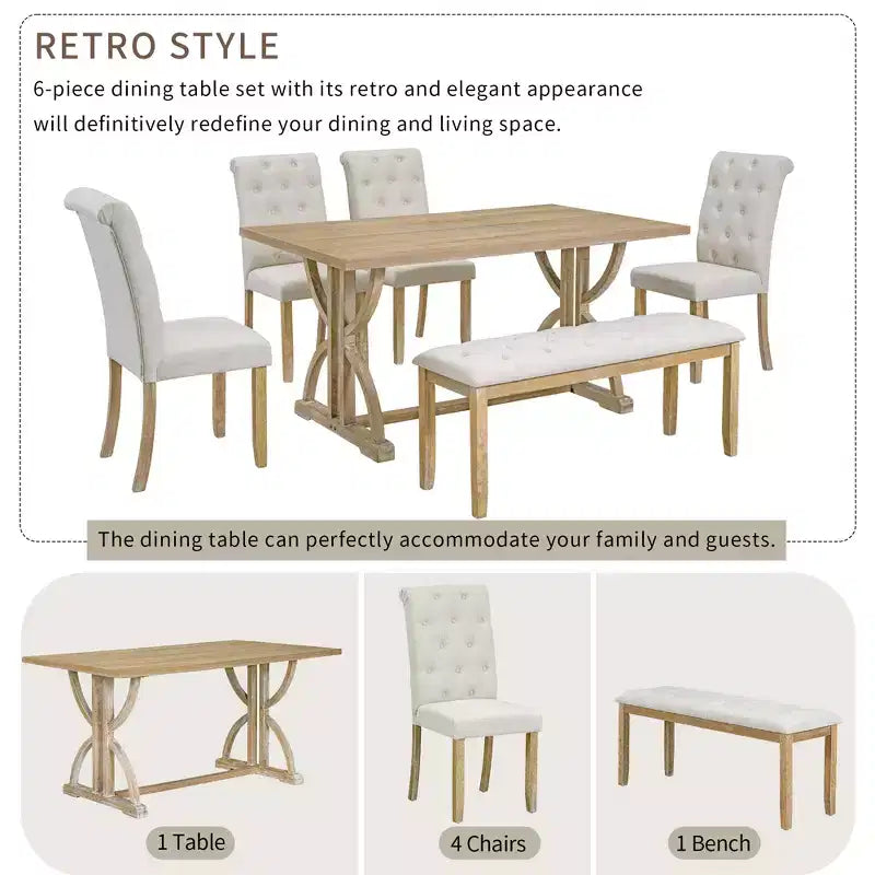 GDFStudio Kent 6 Piece Solid Wood Dining Table Set with Upholstered Chairs and Bench
