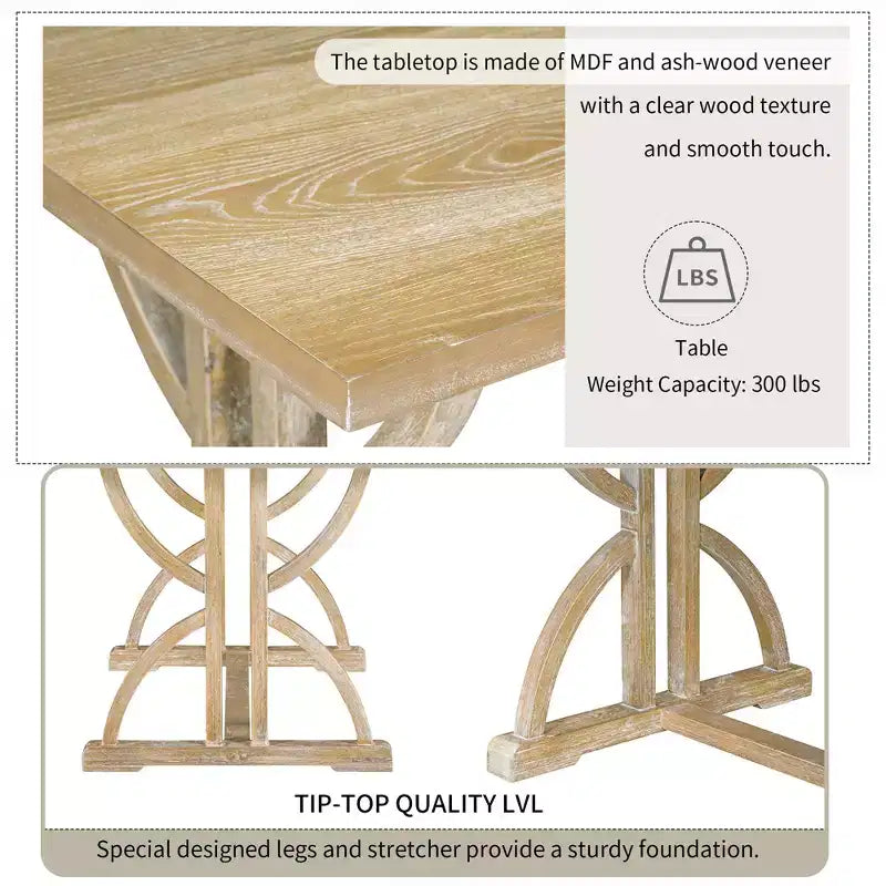 GDFStudio Kent 6 Piece Solid Wood Dining Table Set with Upholstered Chairs and Bench