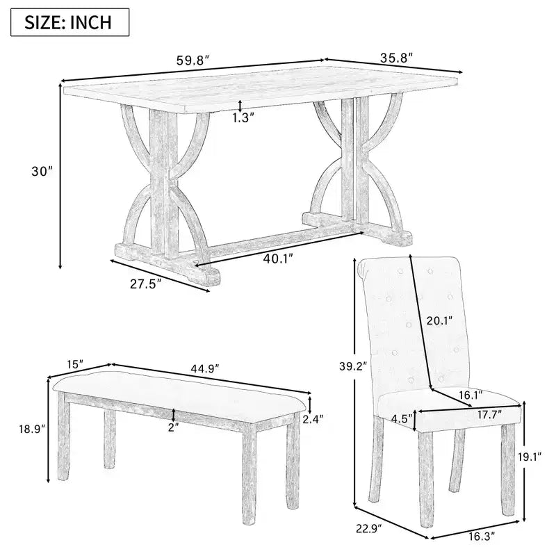GDFStudio Kent 6 Piece Solid Wood Dining Table Set with Upholstered Chairs and Bench