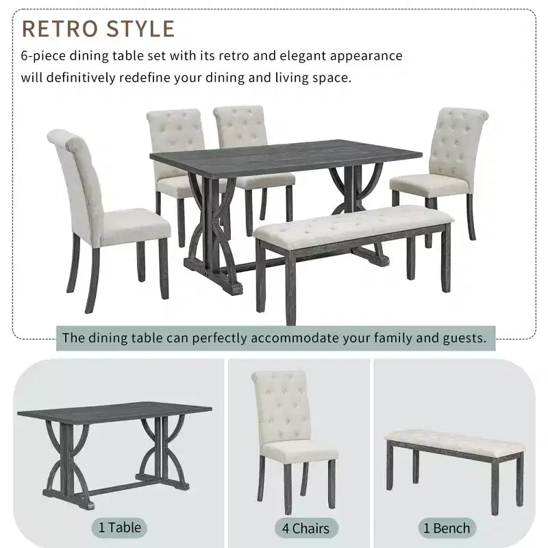 GDFStudio Kent 6 Piece Solid Wood Dining Table Set with Upholstered Chairs and Bench