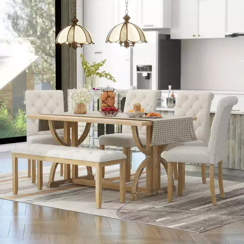 GDFStudio Kent 6 Piece Solid Wood Dining Table Set with Upholstered Chairs and Bench
