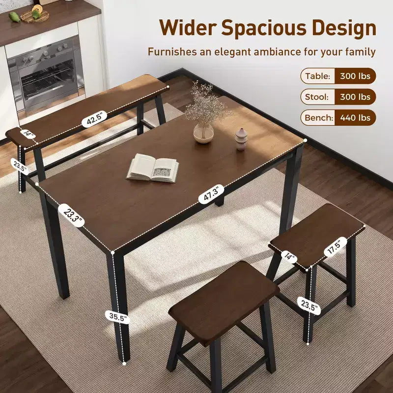 Captiva Designs 4 Piece Wood Dining Table Set with Rectangular Dining Table & Stools & Bench