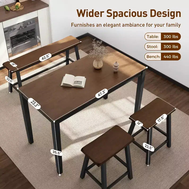 Captiva Designs 4 Piece Wood Dining Table Set with Rectangular Dining Table & Stools & Bench