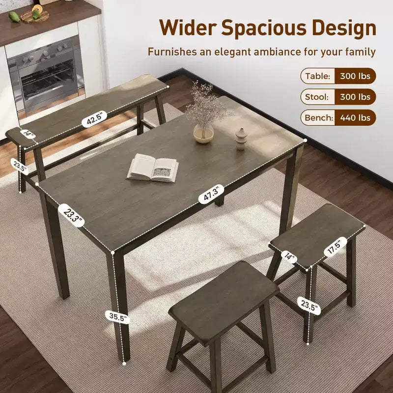 Captiva Designs 4 Piece Wood Dining Table Set with Rectangular Dining Table & Stools & Bench