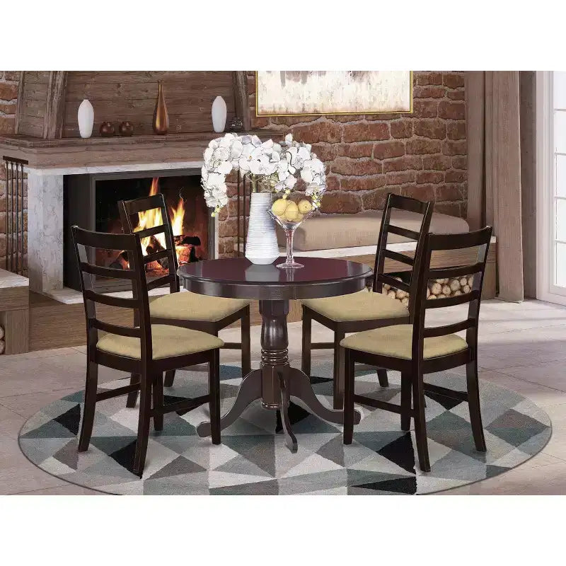 5-Piece Round Cappuccino Finish Solid Wood Top Dining table with 4 Chairs with