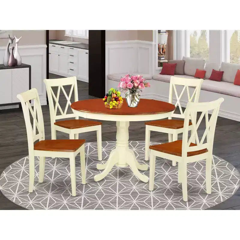 Round Dining Set 5pc - 42 Inch Table & 4 Chairs - Baroque Style Kitchen Set