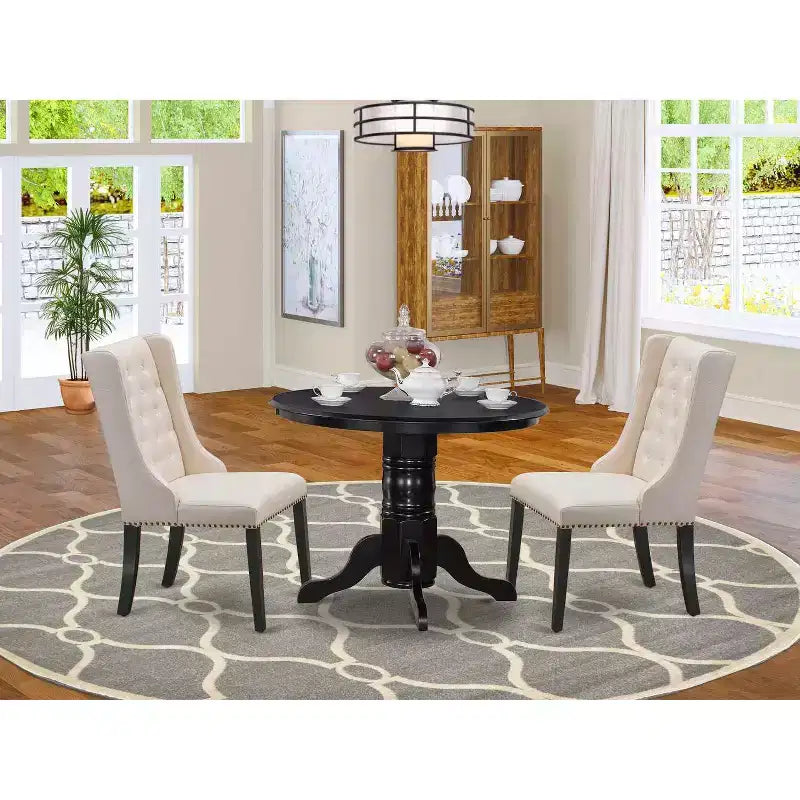 3-Piece Black Finish Solid Wood Top - Button Tufted Dining Room Set - Seats 4