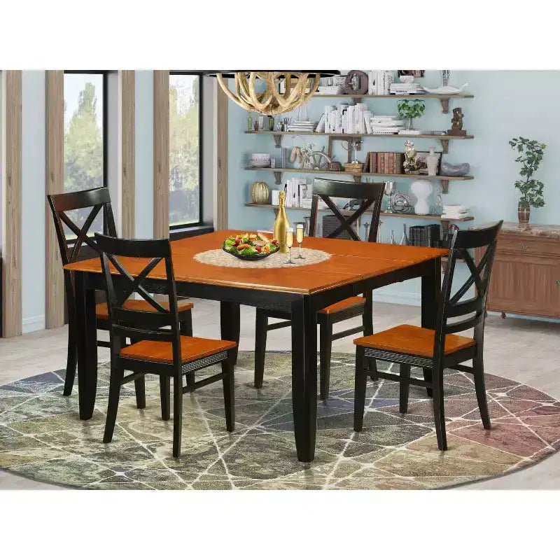 9 Piece Dining Room Set, Square Wooden Table with Butterfly Leaf and 8 Chairs, Black & Cherry Finish, 54 Inch