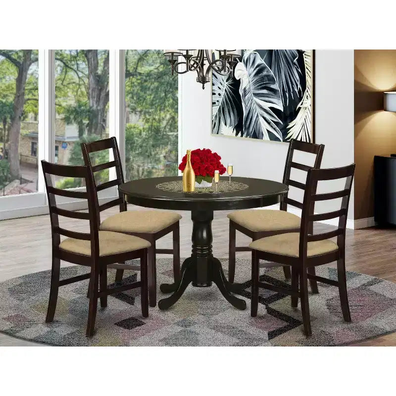 Kitchen Table Set for 4 - 5 Piece Dining Set with Round Table & Linen Chairs - Art Deco Style