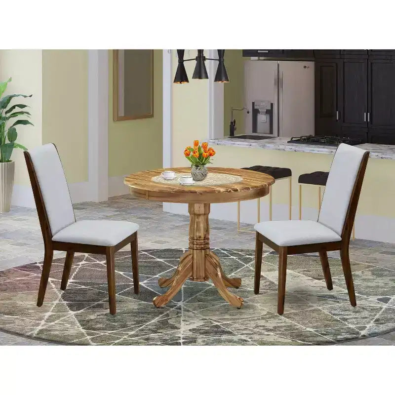 3-Piece Natural Oil Finish Solid Wood Top - Round Upholstered Dining Room Set - Seats 4