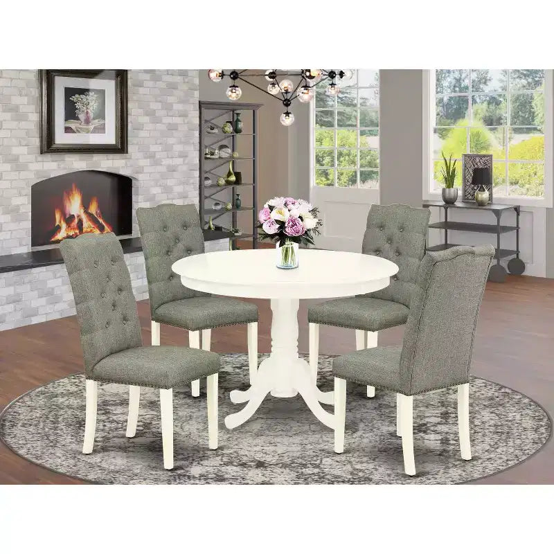 HomeStock 5-Piece Linen White Finish Solid Wood Top Dining Table with 4-Parson Chair