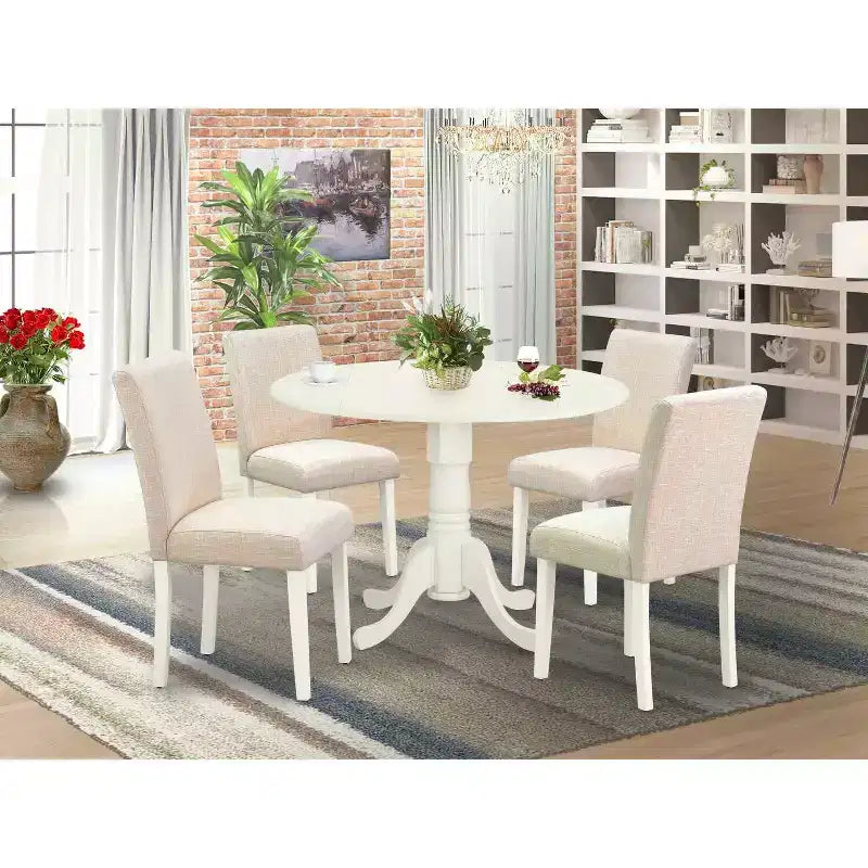 Round Kitchen Table Set with 4 Chairs - 42 Dinette Table & Parson Chairs - Linen White & Beige