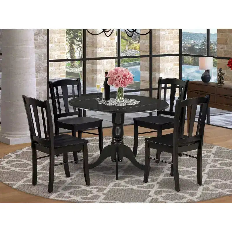 HomeStock 5-Piece Black Finish Solid Wood Top Dining table with 4 Chairs