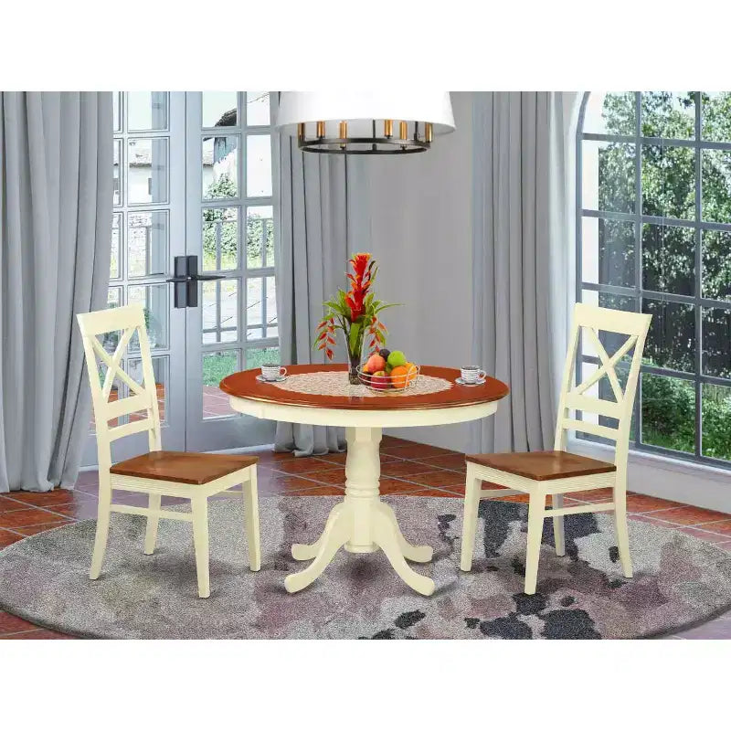 HomeStock 3-Pc Buttermilk and Cherry Solid Wood Top - Round Dining Room Set - Seats 4