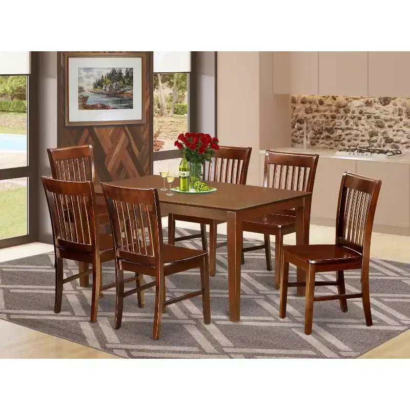 HomeStock 7-Piece Rectangle Mahogany Finish Solid Wood Top Dining Table with 6 Slat Back Dining Chairs, Seats 6