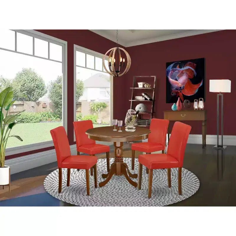HomeStock 5-Pc Round Mahogany Finish Solid Wood Top Dining Table with 4 Parson Chair