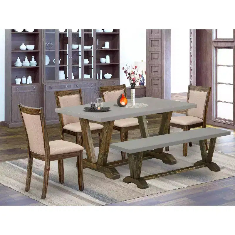 HomeStock 6-Piece Rectangle Distressed Jacobean Finish Solid Wood Top Dining Table with 1-Bench, 4-Chairs