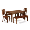 HomeStock 5-Piece Rectangle Mahogany Finish Solid Wood Top Dining Table with 2 Benches, 2 Chairs