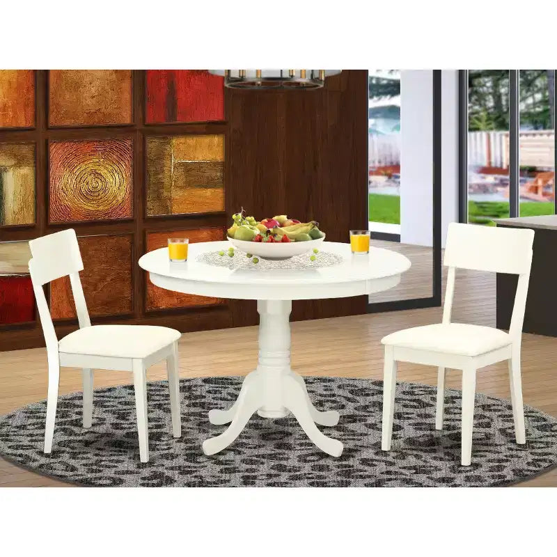 Mid-Century Dinette Set - 3 Piece Table & Chairs - Linen White Finish - Round Dining Table