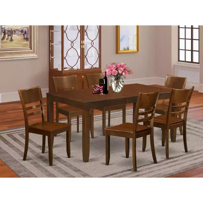 Rectangular Dining Set - 7 Piece Table & Chair Set - Espresso Finish - Extendable Leaf Table - Wood Dining Chairs