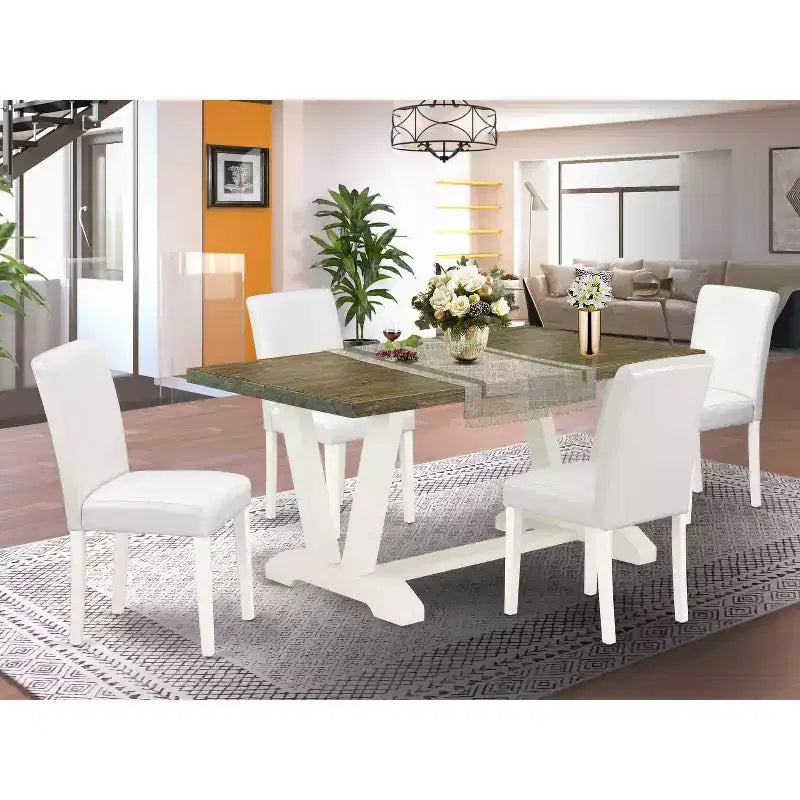 HomeStock 5-Pc Distressed Jacobean Finish Solid Wood Top Dining Table with 4 Parson Chair