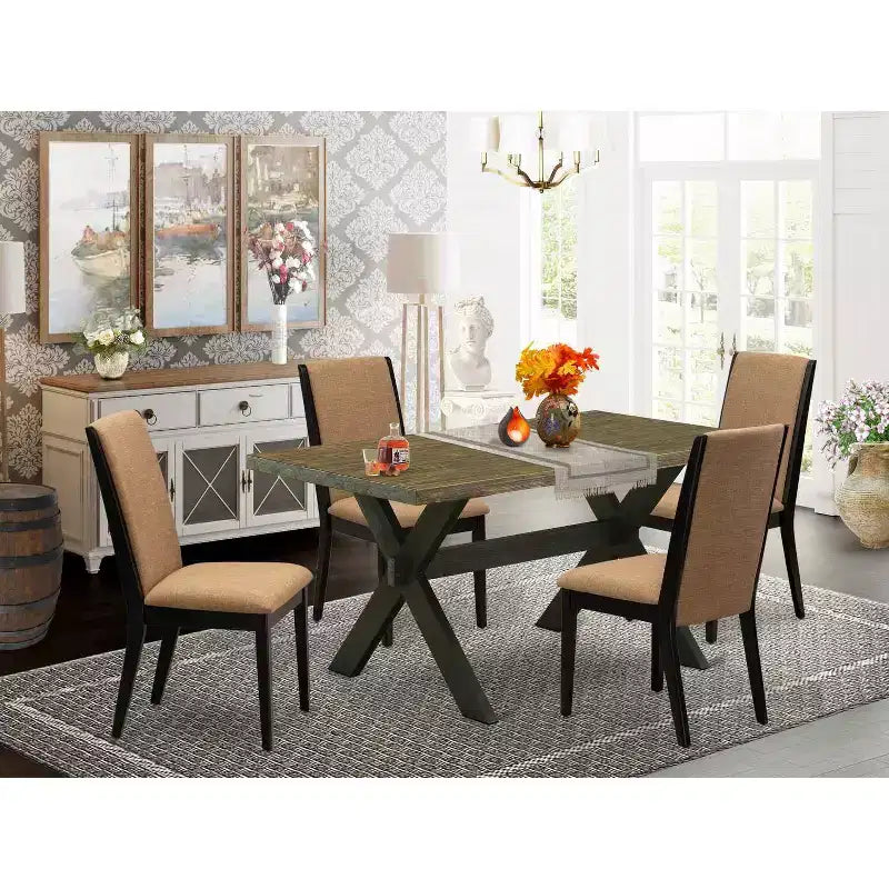 HomeStock 5-Piece Rectangle Distressed Jacobean Finish Solid Wood Top Dining table with 4 Chairs