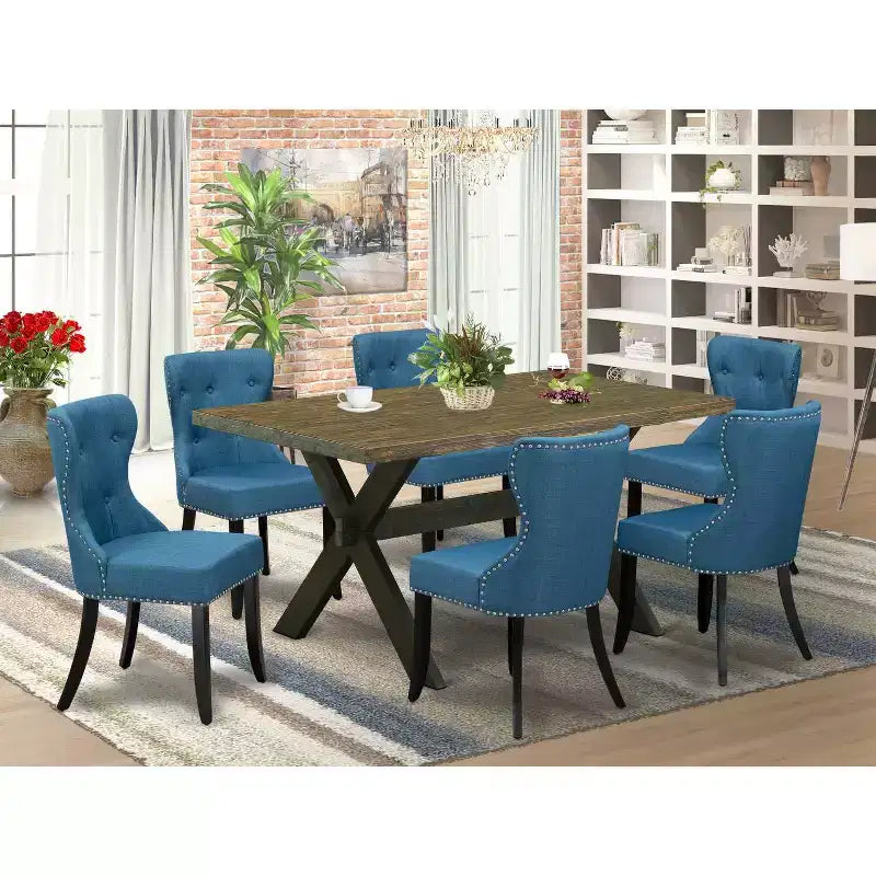 HomeStock 7-Piece Rectangle Distressed Jacobean Finish Solid Wood Top Dining Table with 6-Parson Chairs